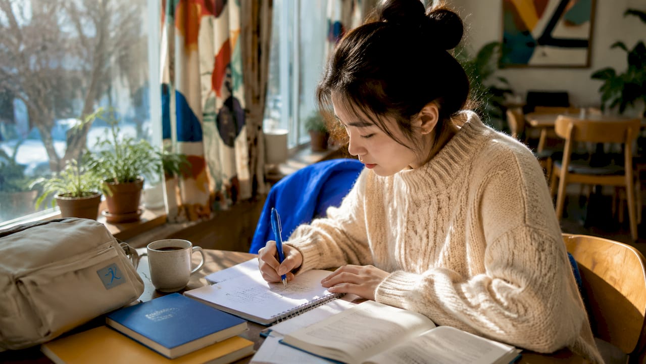 Young woman studying Korean with notes and audio