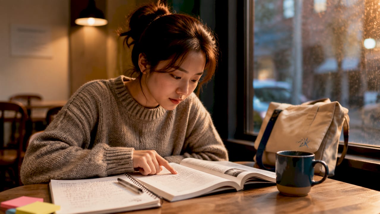Learner studying Korean language at library table