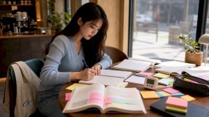 Student at desk studying for TOPIK exam