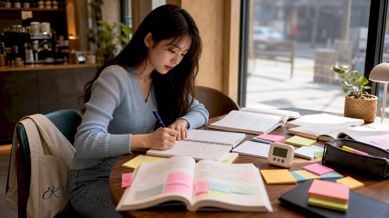 Student at desk studying for TOPIK exam