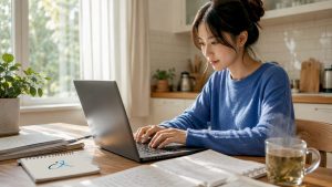 Young woman typing on Korean keyboard at home