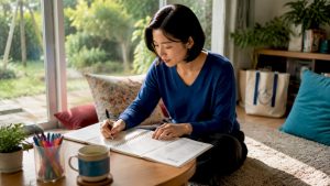 Learner writing Korean characters at city desk