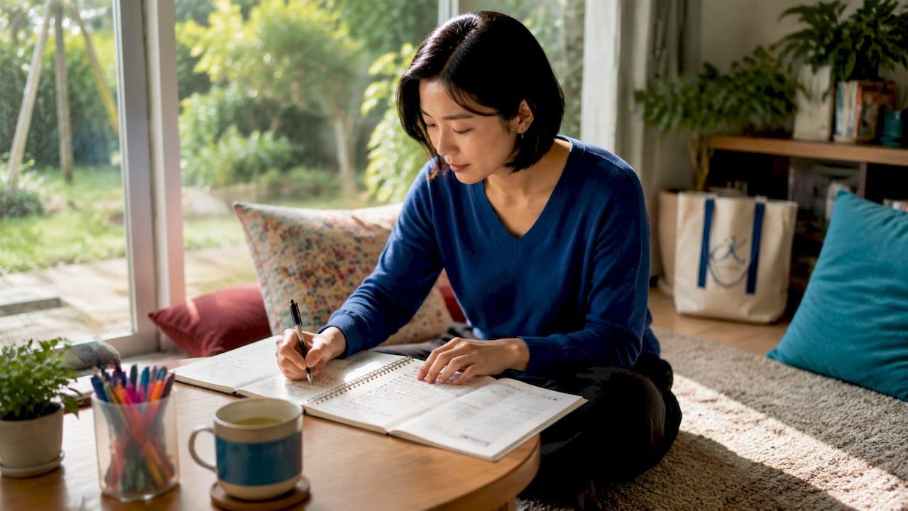 Learner writing Korean characters at city desk