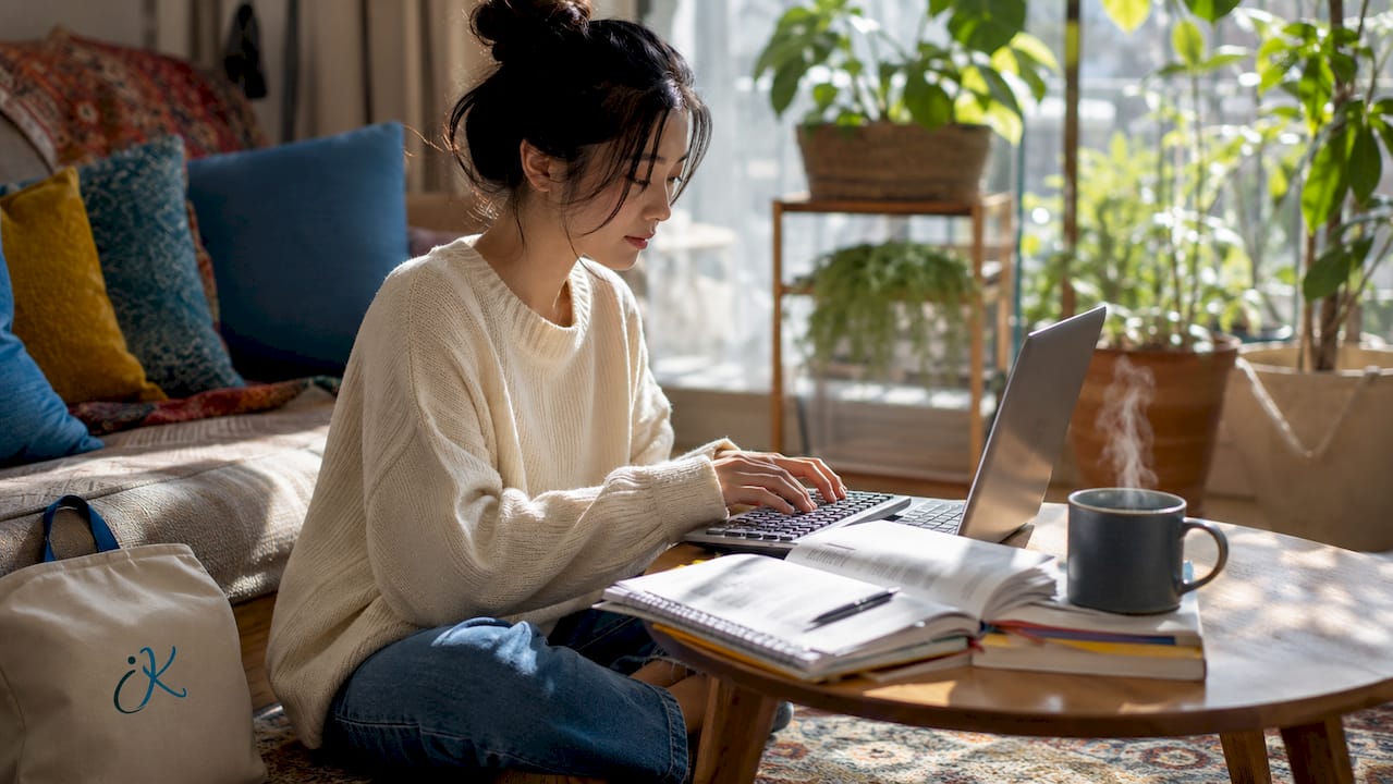 Woman typing Hangul on laptop keyboard