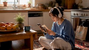 Young woman learning Korean with music at home
