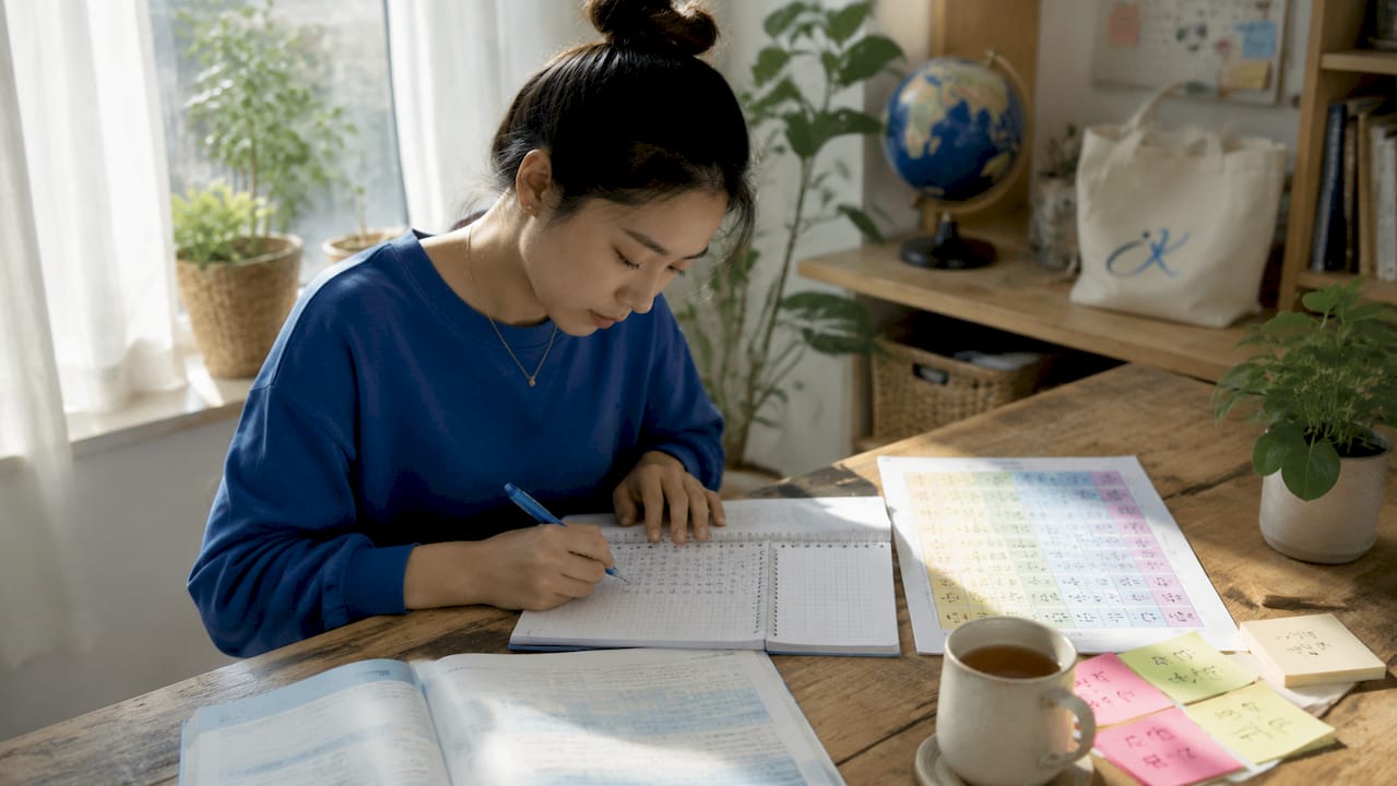Young woman writing Korean syllable blocks at table