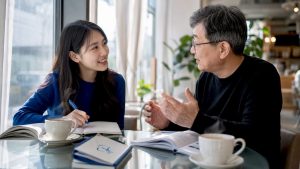 Woman practicing Korean conversation in traditional home