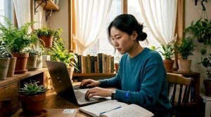 Young woman typing English name to Korean