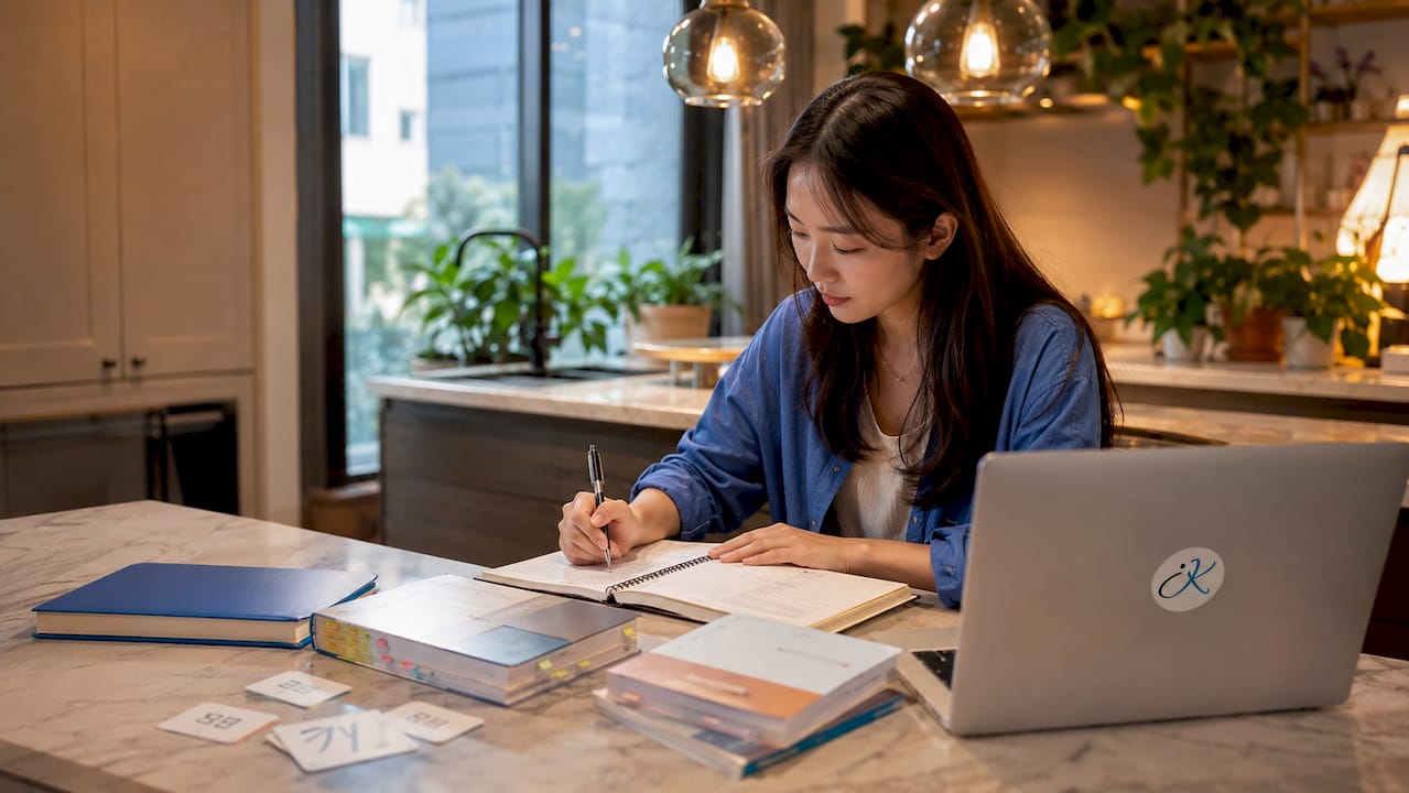 Adult woman studying Korean language at desk