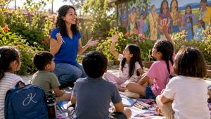 Bilingual instructor teaching diverse young students in classroom