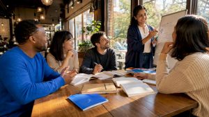 Diverse adult learners in language class discussion