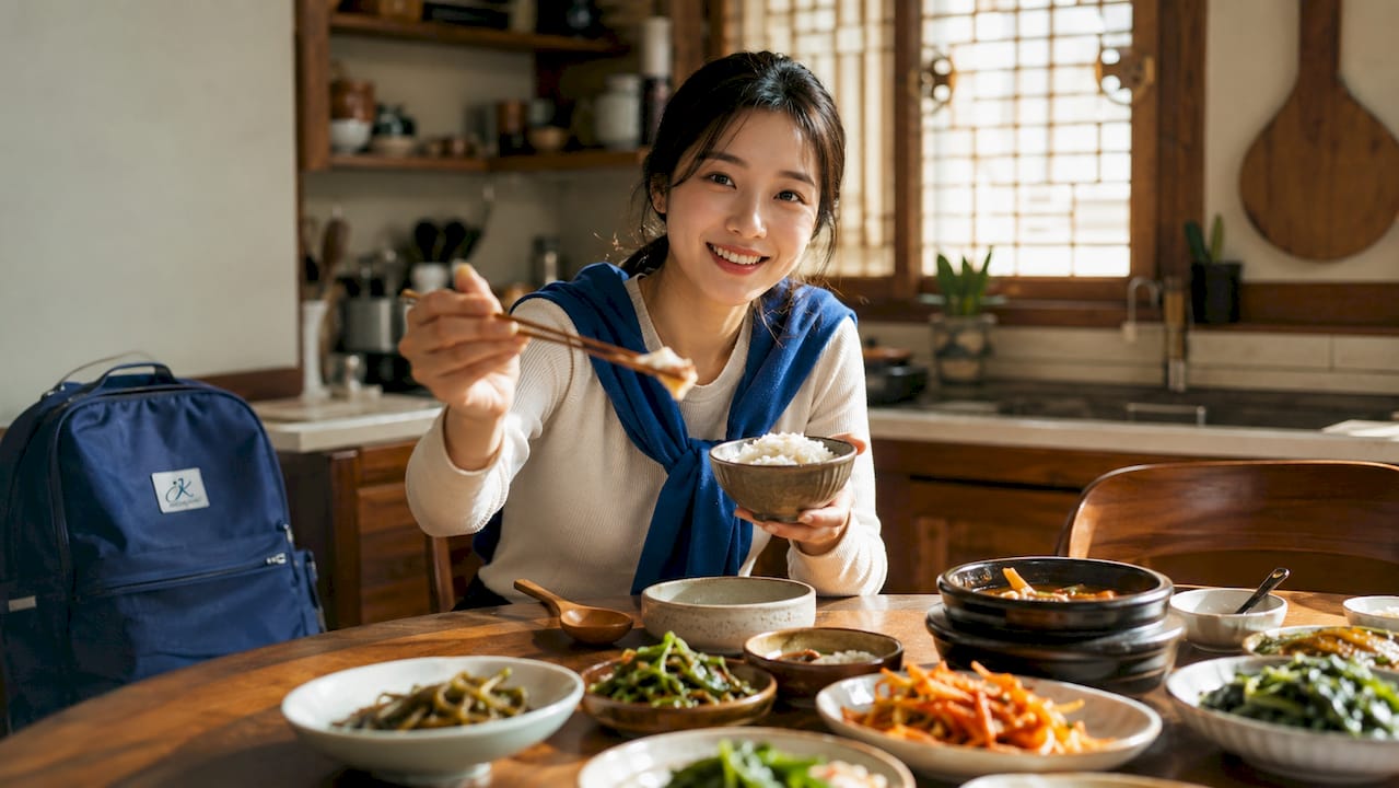 Young woman inviting to eat Korean meal