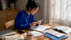 Woman focused on Korean flashcard study session