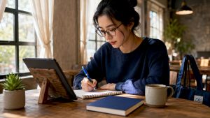 Woman studying Korean with tablet and notebook