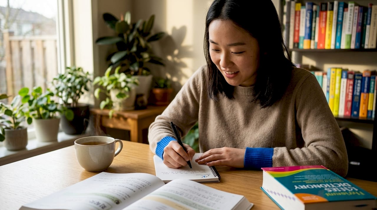 Woman studying Korean language at desk in home office