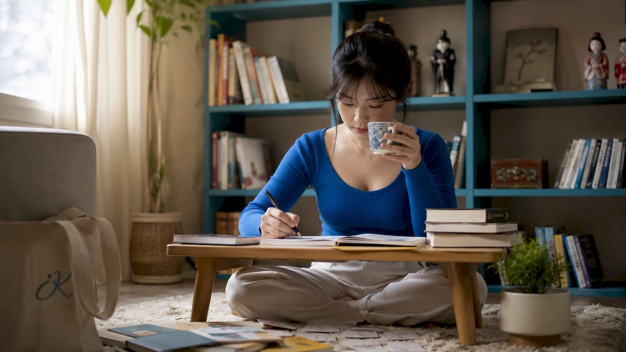 Young woman studying Korean language and culture at home