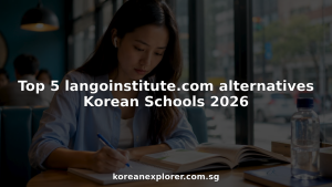 Student studying Korean in classroom with notes