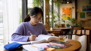 Woman studying Korean language exam materials at home