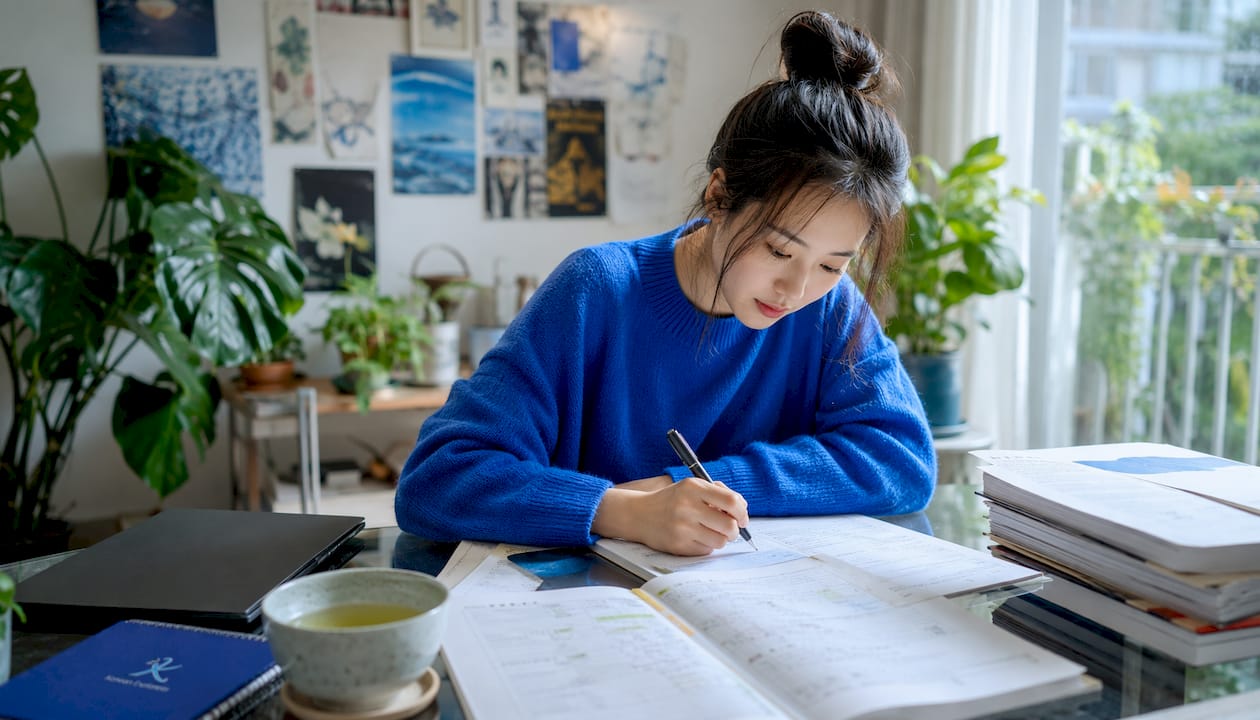 Student preparing for TOPIK exam at home desk
