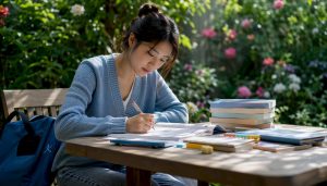 Student studying TOPIK exam at home desk