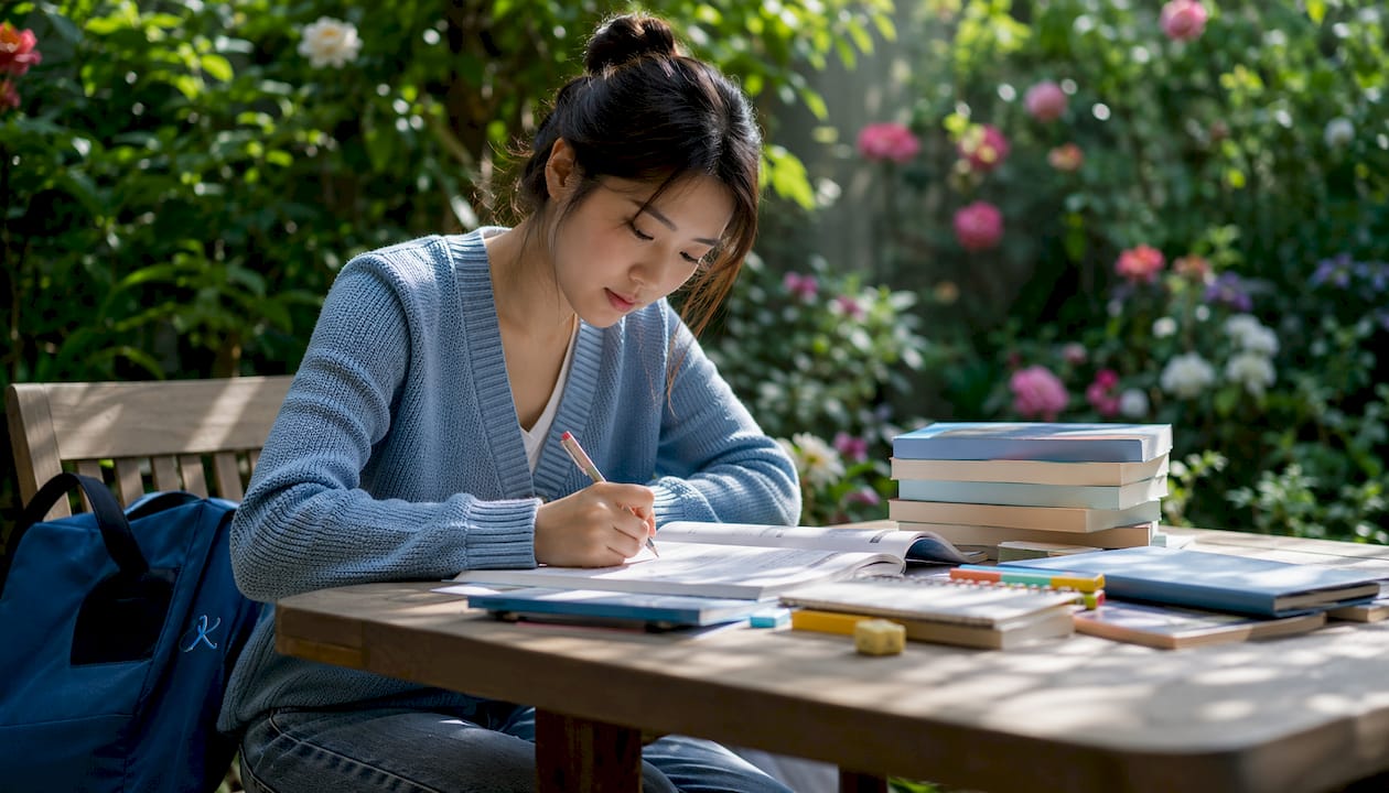 Student studying TOPIK exam at home desk