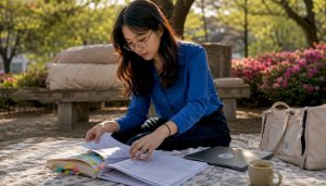 Woman organizing TOPIK exam study materials