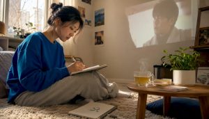 Woman watching Korean drama and taking notes