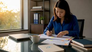 Instructor reviewing structured language curriculum documents