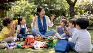 Educator storytelling to children in classroom