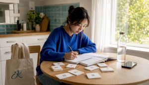 Woman studying Korean language at desk