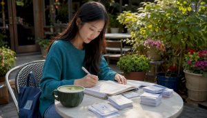 Adult woman studying Korean vocabulary at home