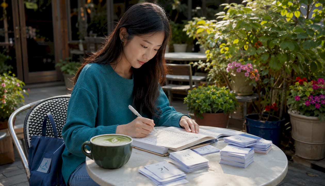 Adult woman studying Korean vocabulary at home