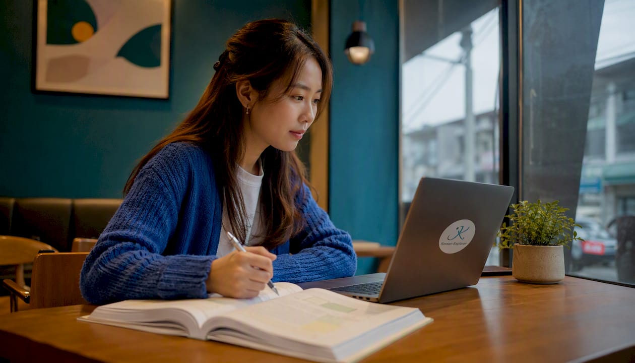 Singapore learner studying Korean on laptop