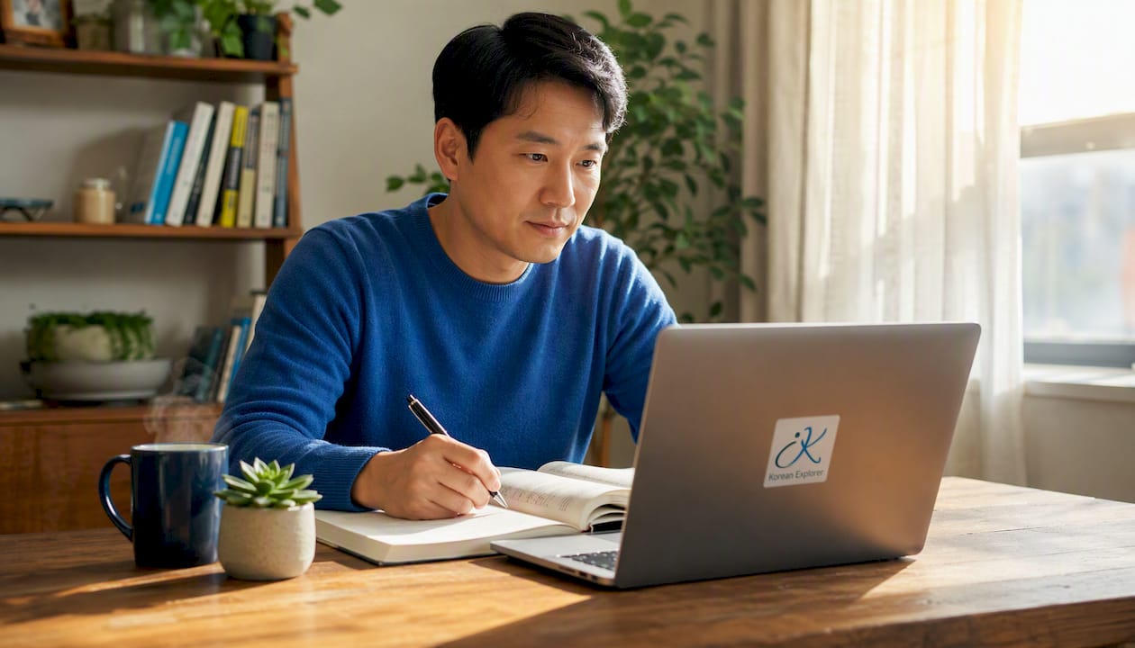Adult learner attending online Korean class