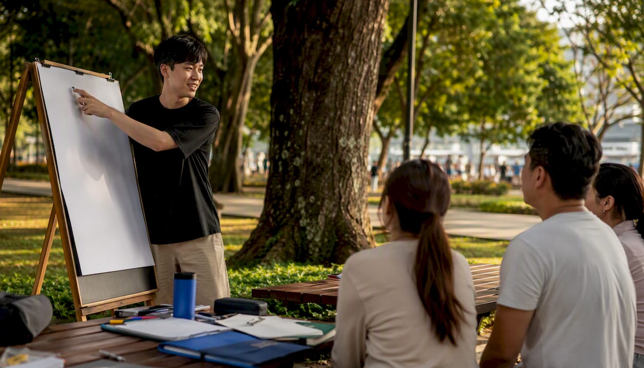 Korean language instructor writing on board