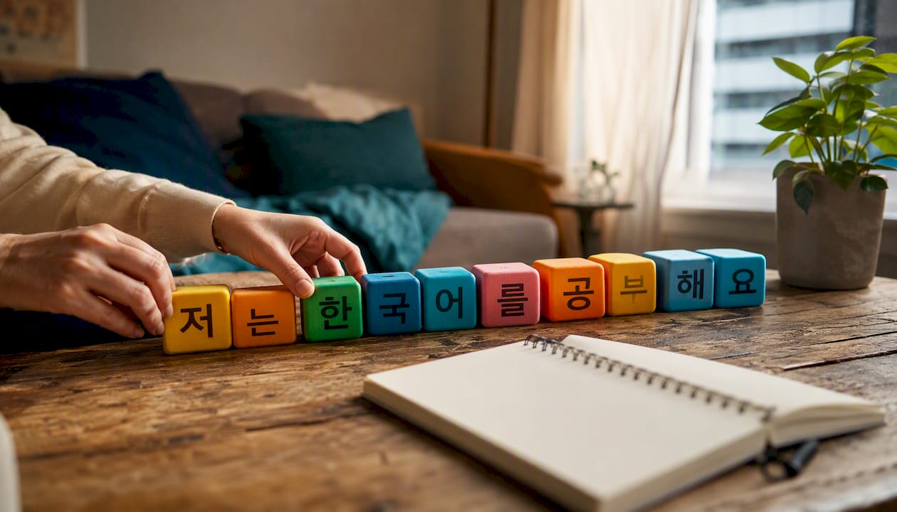 Hands arranging Hangul blocks showing Korean sentence order