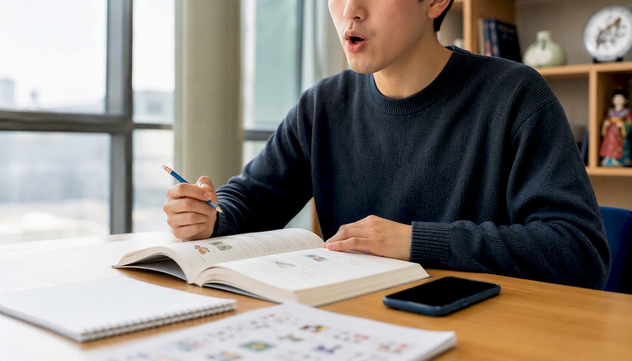 Learner practicing Korean pronunciation aloud