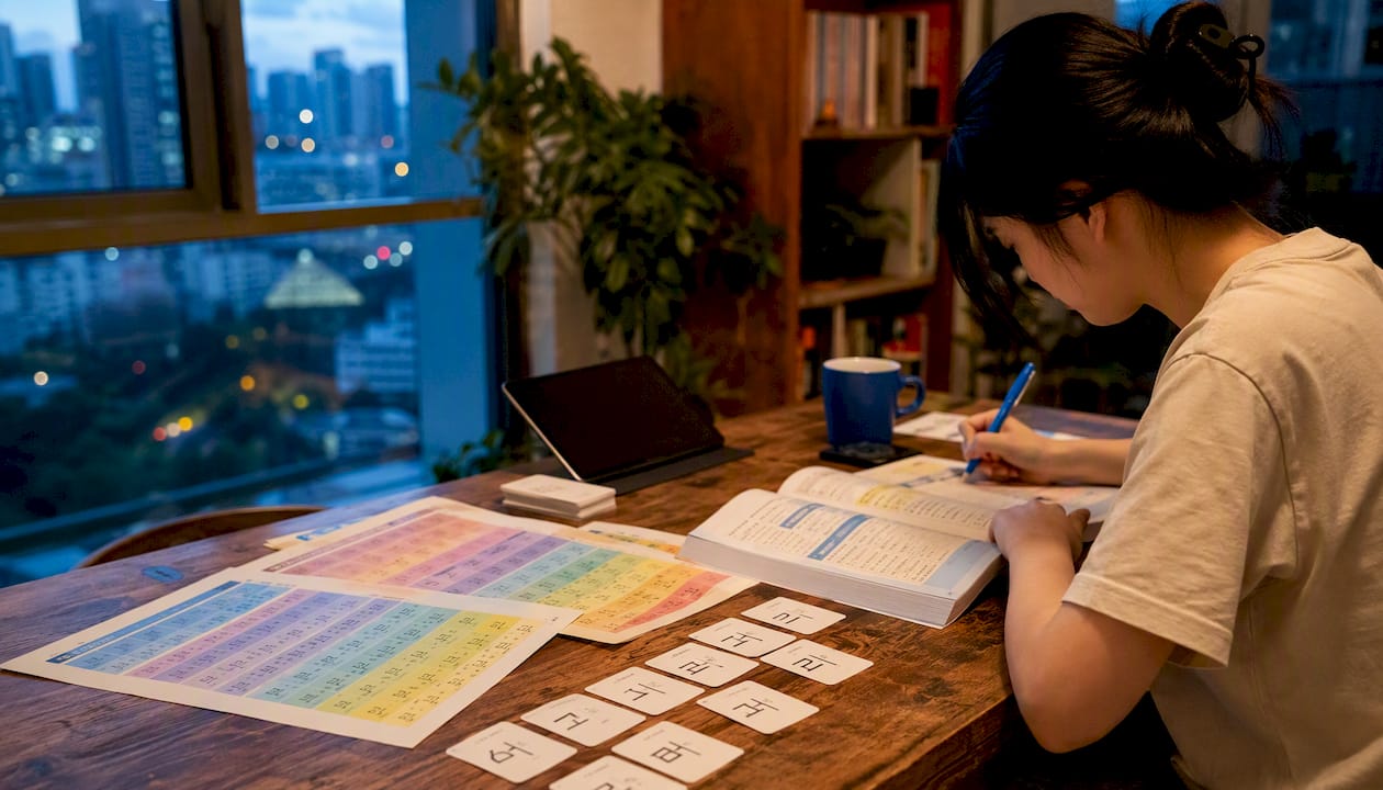 Korean language study materials on classroom table