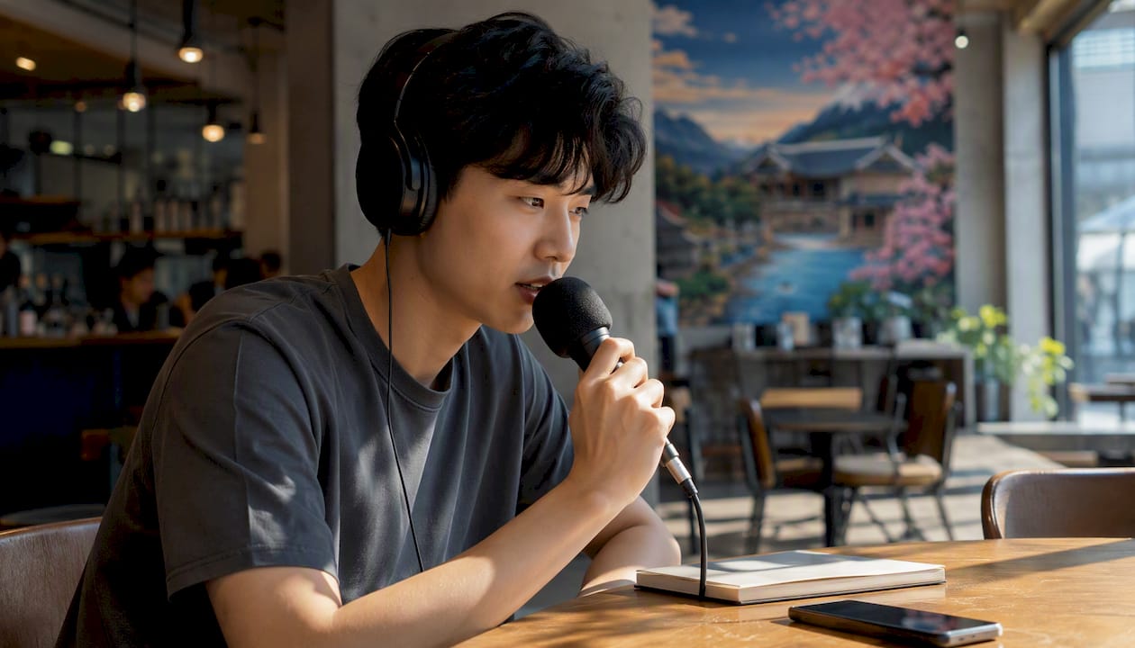Person recording Korean pronunciation at home