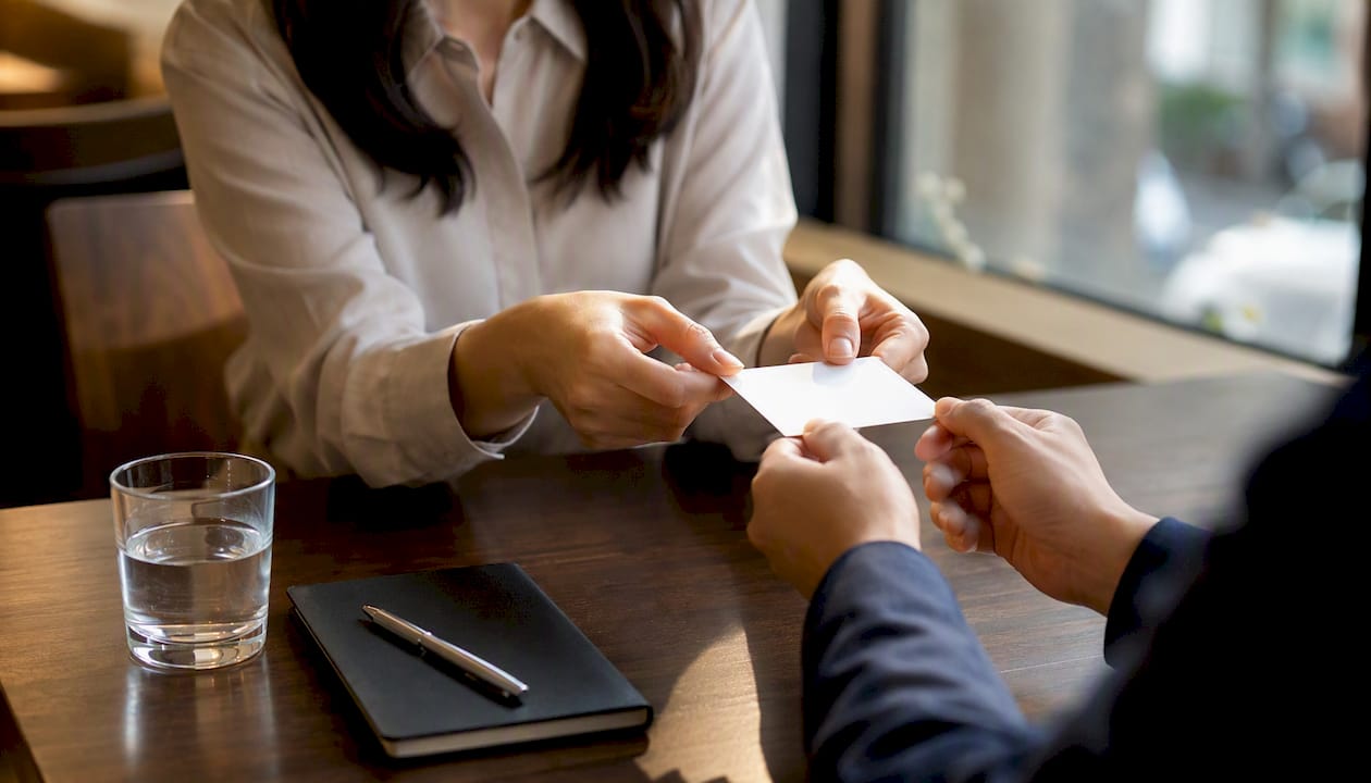 Hands exchanging Korean business cards respectfully