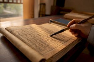 Ancient manuscript with Hangul and calligraphy brush