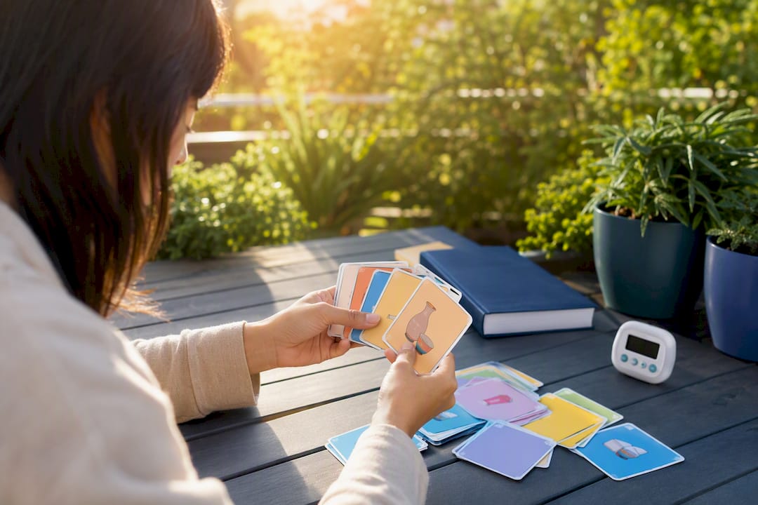 Hands organizing Korean vocabulary flashcards