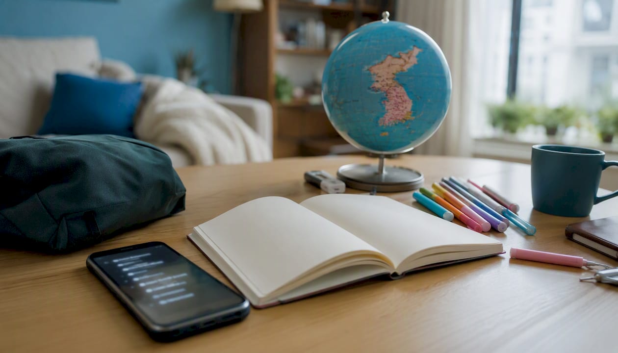 Study desk with Korean travel phrase materials
