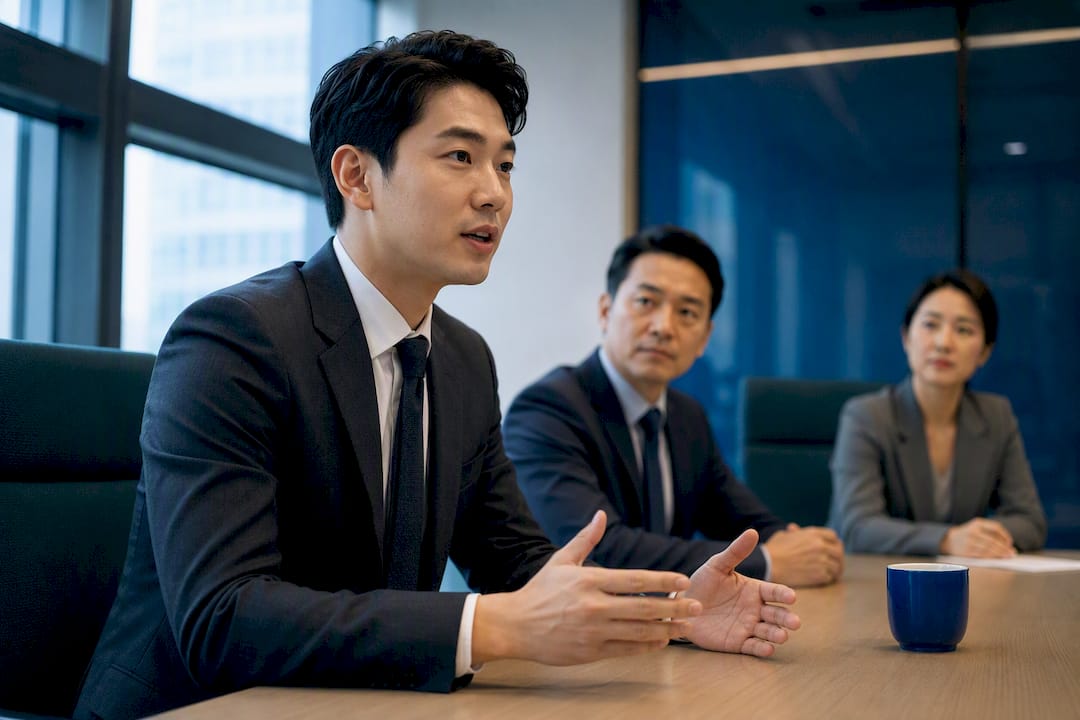 Professional giving formal Korean workplace update