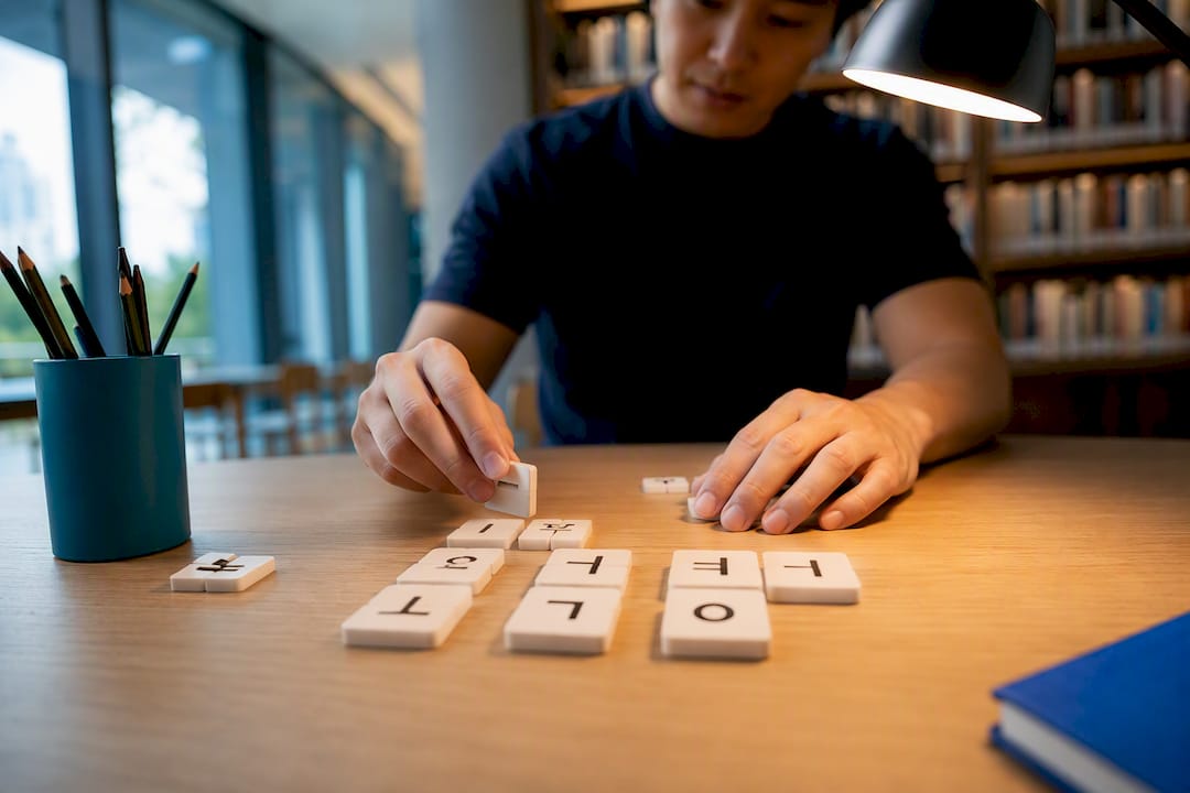 Adult learner assembling Hangul syllable blocks