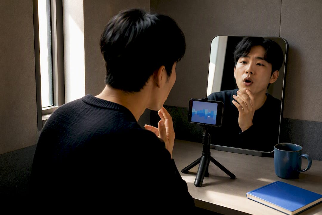 Adult practising Korean vowel pronunciation