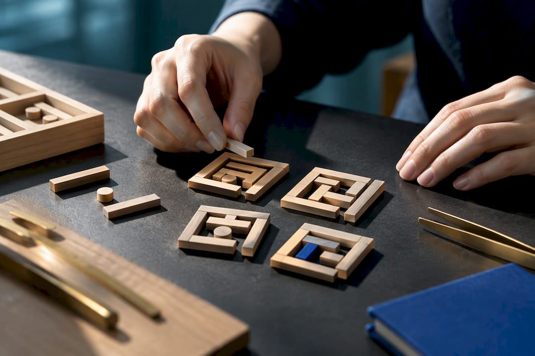 Hands arranging Hangul syllable blocks
