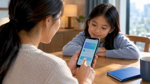 Parent and child checking LifeSG credits