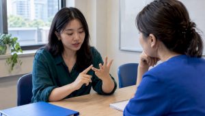 Adult learner practising Korean numbers with instructor