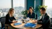 Manager leads business meeting in Korean office